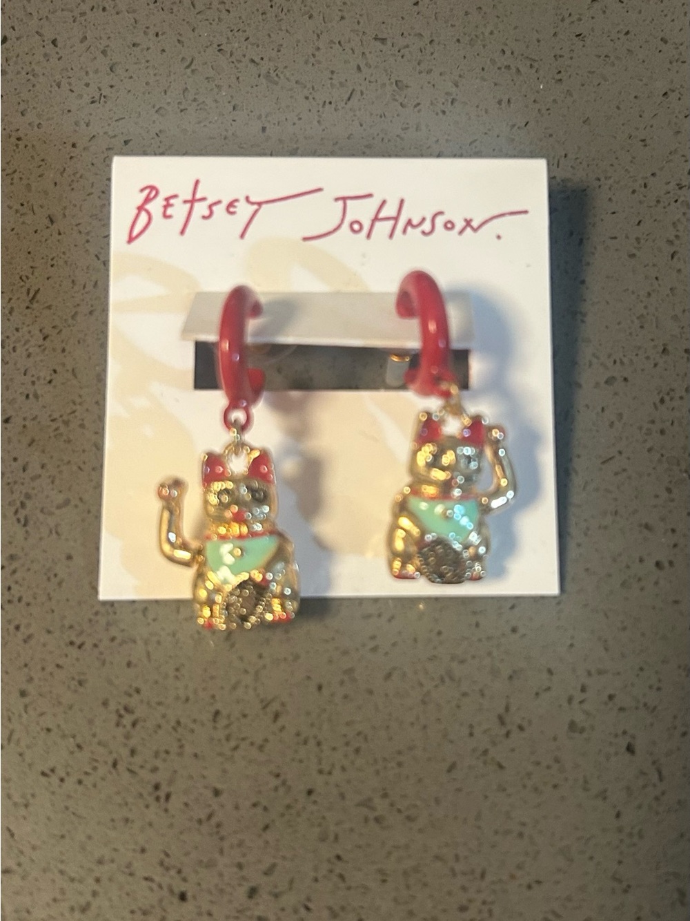 Betsey Johnson Red Hoop Earrings with Gold Maneki Neko Charms